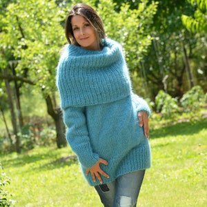 Cowl neck Sweater, Hand Knitted Mohair Pullover, Turtleneck Blue Fuzzy Jumper Jersey by EXTRAVAGANTZA image 6