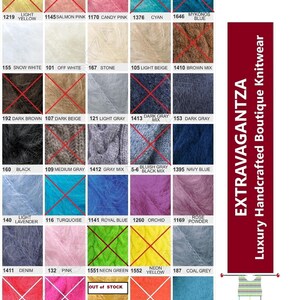 The image is a color chart displaying various yarn colors, including Mohair Yarn, with a list of colors and their corresponding names. The chart is organized into a grid with rows and columns, and the colors are listed in a visually appealing manner.