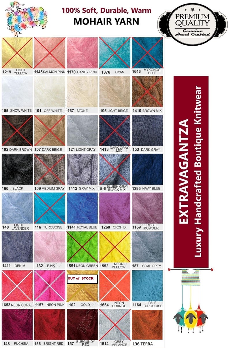 The image is a color chart displaying various yarn colors, including Mohair Yarn, with a list of colors and their corresponding names. The chart is organized into a grid with rows and columns, and the colors are listed in a visually appealing manner.
