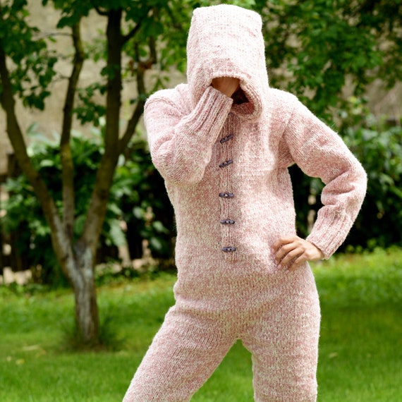 Hand Knit Wool Catsuit, Hooded Sweater, Pink and White Fuzzy Hand Knit Wool Catsuit, Hooded Sweater, Pink and White Fuzzy