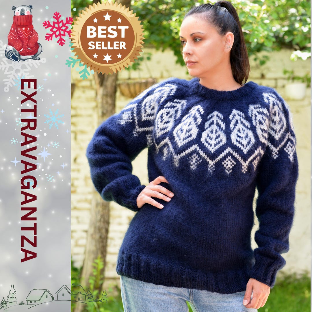 Pull Islandais Violet En Mohair Tricoté Main SuperTanya - Taille L - Neuf Avec étiquettes