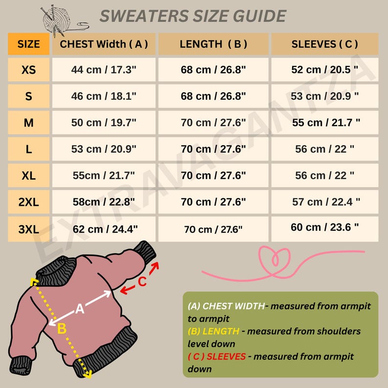The image is a size guide for sweaters, providing measurements for different chest widths (A, B, C) and sleeve lengths (L, M, XS, S, M, L, XL, 2XL, 3XL). The guide also includes illustrations of a sweater and measurements for each chest width and sleeve length.