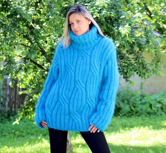 Hand Knit Mohair Sweater Cable Blue Turquoise Fuzzy Turtleneck | Etsy