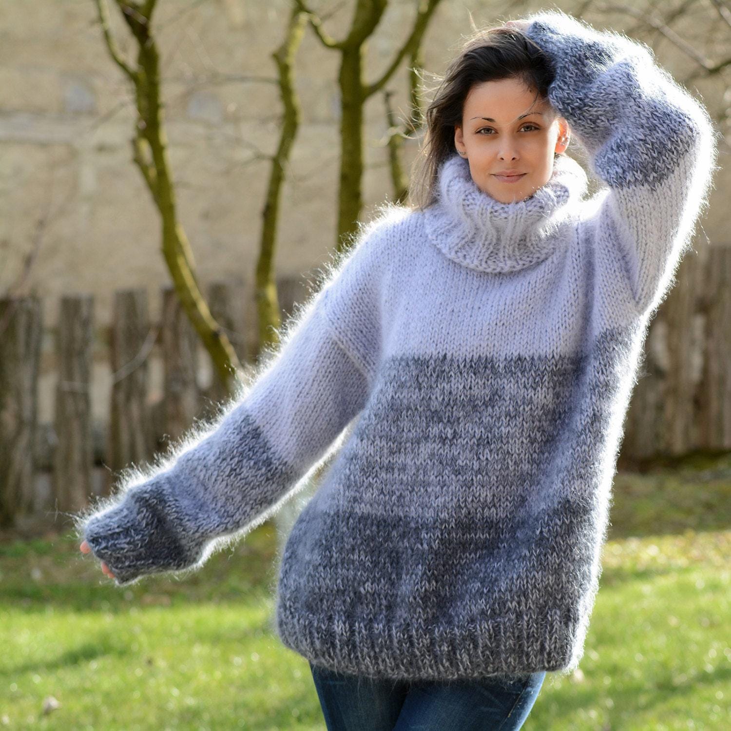 Fluffy Gray Sweater, Mohair Pullover, Turtleneck Jumper
