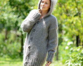 Hand Knit Mohair Cardigan, GREY Fuzzy Hooded Coat, hand made Jumper, sexy Sweater, fluffy sweater by Extravagantza