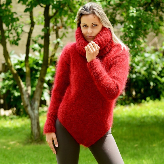 Red Hand Knit Mohair Sweater Bodysuit Fuzzy Dress Pullover by