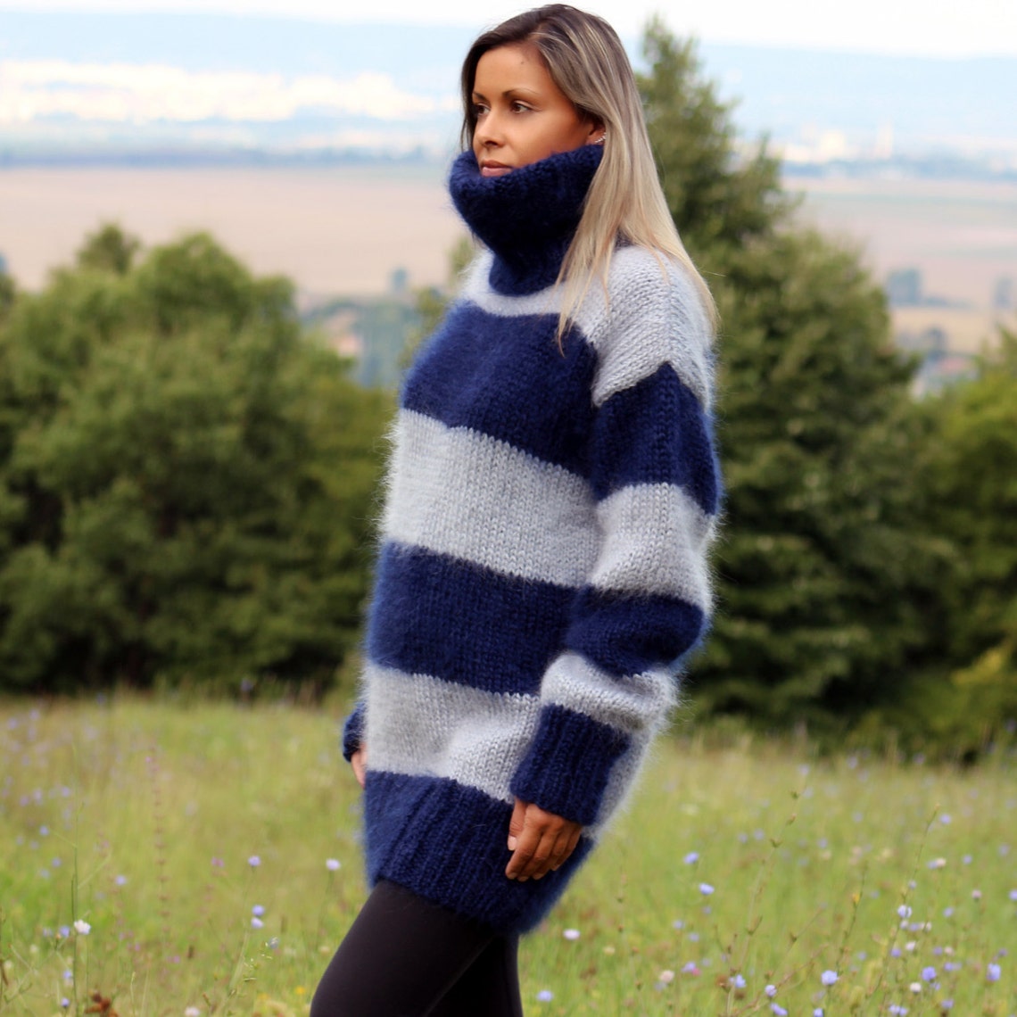 Hand Knitted Mohair Sweater BLUE and Light Blue Stripes Fuzzy Etsy