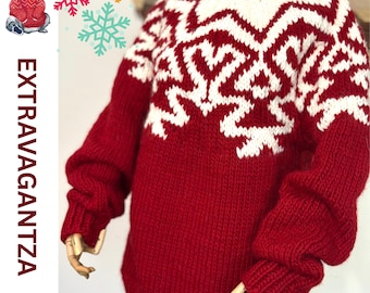 Jersey nórdico de lana tejido a mano, jersey grueso de invierno Fair Isle, jersey escandinavo rojo grueso con copos de nieve / Extravagantza