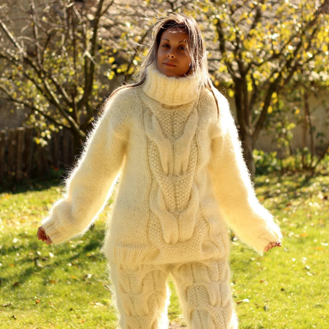 Hand Knitted Mohair Sweater, Cable Pullover, Turtleneck Jumper