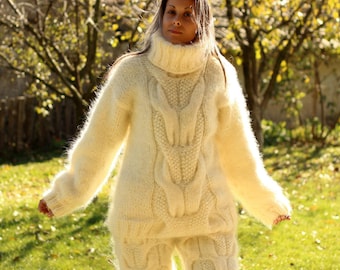 Hand Knitted Mohair Sweater, Cable Pullover, Turtleneck Jumper , Fuzzy Pullover, Mohair Jersey, by Extravagantza
