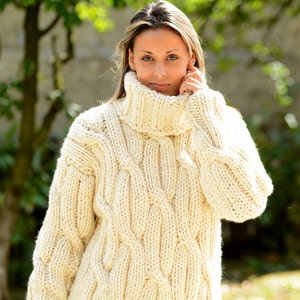 Hand Knitted Pure MERINO Wool Sweater White Soft Turtleneck Cable ...