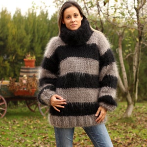 Hand Knit Mohair Sweater, Black Gray Mix Ultra Thick 10 Strands Fuzzy Jumper, Pullover Jersey by Extravagantza