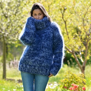 10 strands Hand Knitted Mohair Sweater, Blue mix Thick Turtleneck Jumper, Pullover Designer EXTRAVAGANTZA image 1