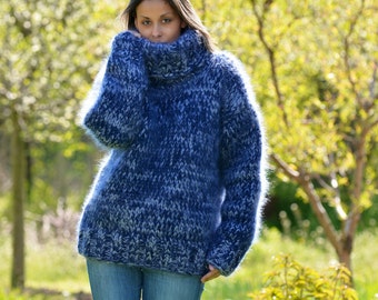 10 draden handgebreide mohair trui, blauwe mix dikke coltrui, pullover designer EXTRAVAGANTZA