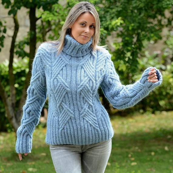 Buy Hand Knitted Pure Wool Sweater Light Blue Color Soft Turtleneneck Cable  Jumper Pullover Jersey by EXTRAVAGANTZA MADE to ORDER Online in India 