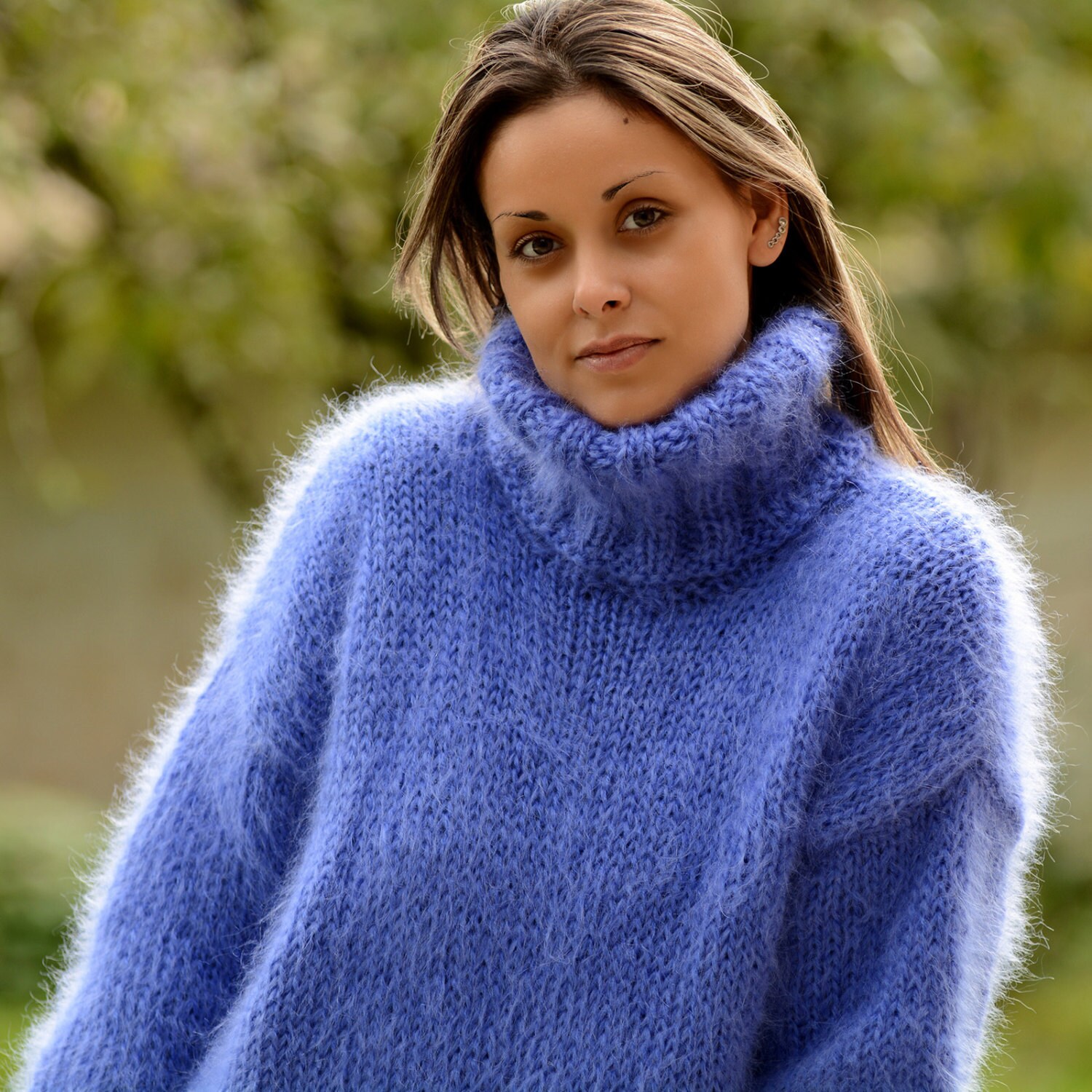Hand Knit Mohair Sweater Blue Fuzzy Turtleneck Jumper Pullover - Etsy