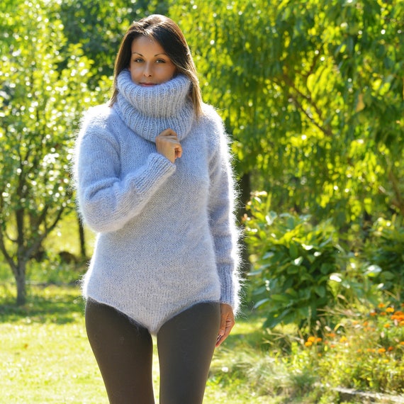 Mohair Bodysuit, Hand Knitted Sweater, Light Gray Fuzzy Grey