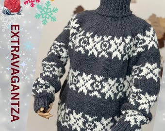 Hand Knit Wool Icelandic Sweater Norwegian Gray and White Thick Turtleneck Pullover by EXTRAVAGANTZA   L/XL
