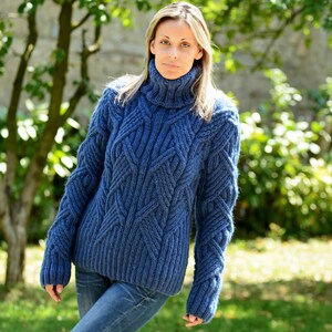 Thick Cable Hand Knit 100% WOOL Turtleneck Sweater Denim Blue Fuzzy Jumper Jersey by Extravagantza image 5