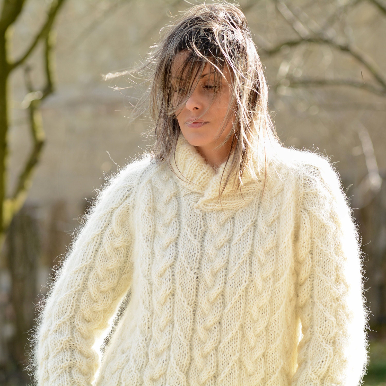 Hand Knitted Mohair Sweater Cable White Fuzzy Shawl Collar - Etsy