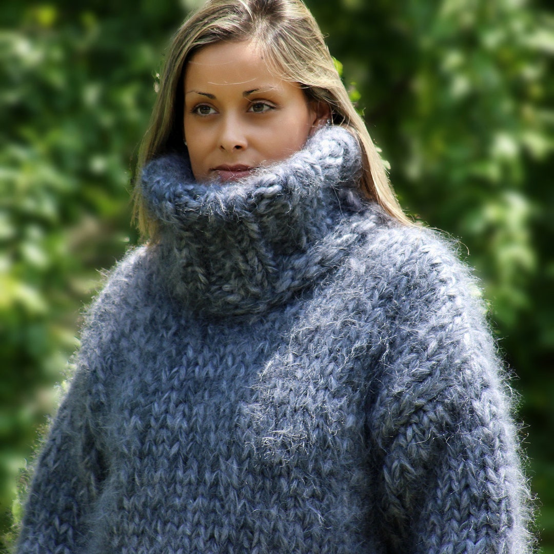10 Strands Hand Knit Mohair Sweater Gray Mix Thick Turtleneck - Etsy