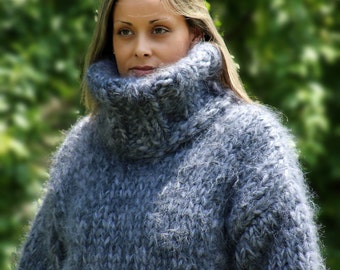 10 strands Hand Knit Mohair Sweater Gray Mix Thick Turtleneck Jumper Pullover by EXTRAVAGANTZA * MADE to ORDER *