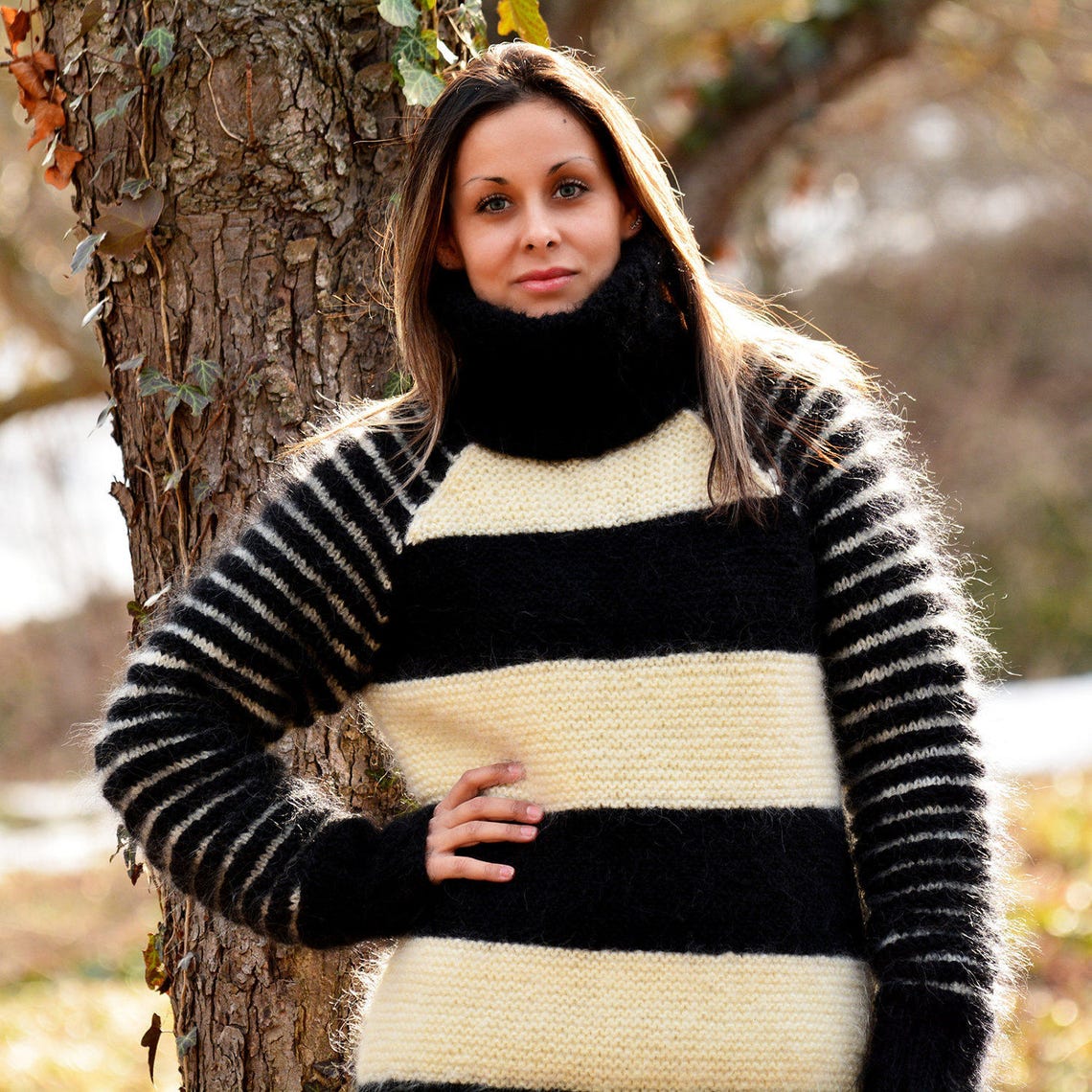 Hand Knit Mohair Sweater black White Stripes Fuzzy Turtleneck | Etsy