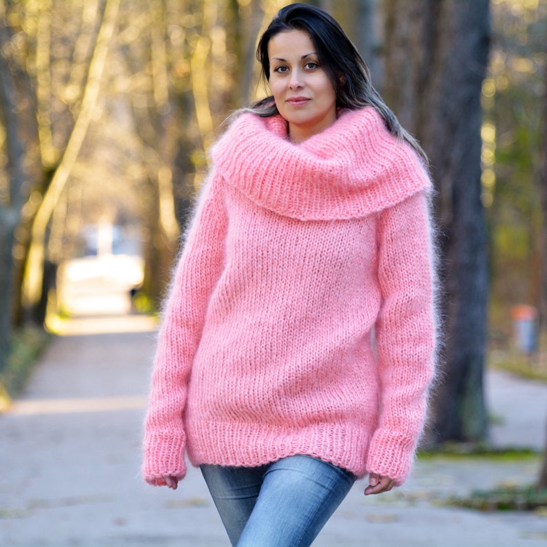 Designer Hand Knitted Mohair Sweater Pink Turtleneck Fuzzy | Etsy