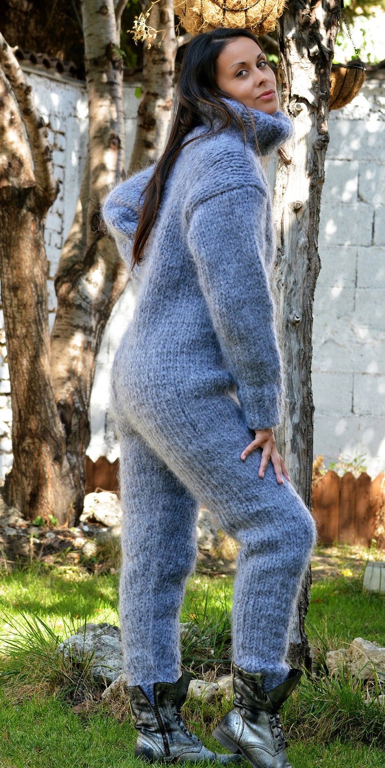 8 strands Designer Hand Knitted Mohair Catsuit Gray Turtleneck | Etsy