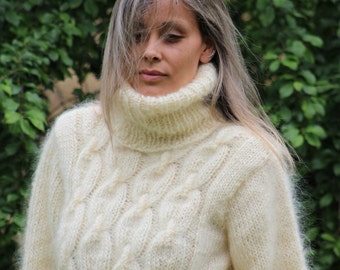 Handgebreide mohair trui kabel extra dikke witte fuzzy jumper jersey coltrui van Extravagantza