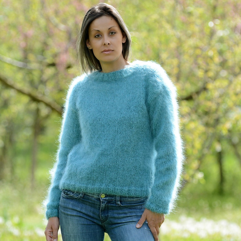 Hand Knit Mohair Sweater Turquoise color Fuzzy Crew neck | Etsy