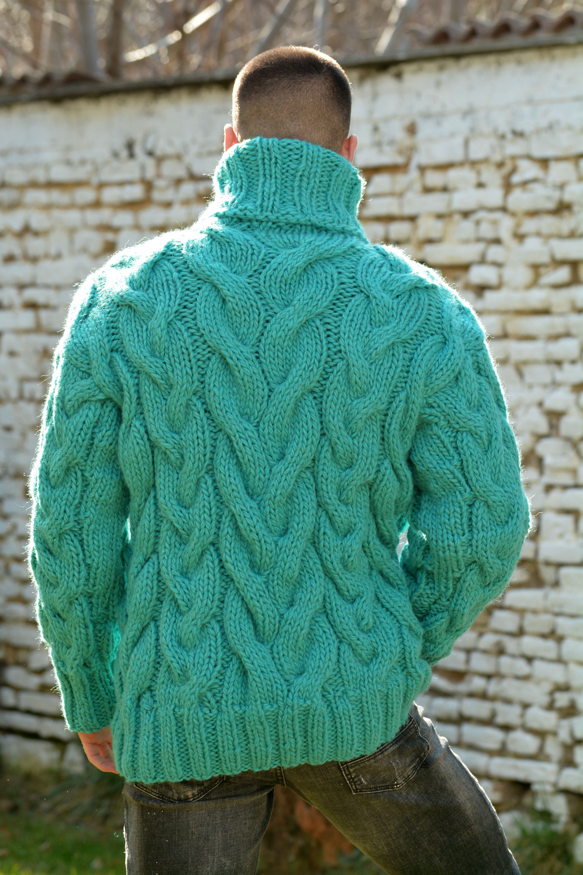 Hand Knitted Wool Sweater Light Blue Turtleneck Cable - Etsy Canada