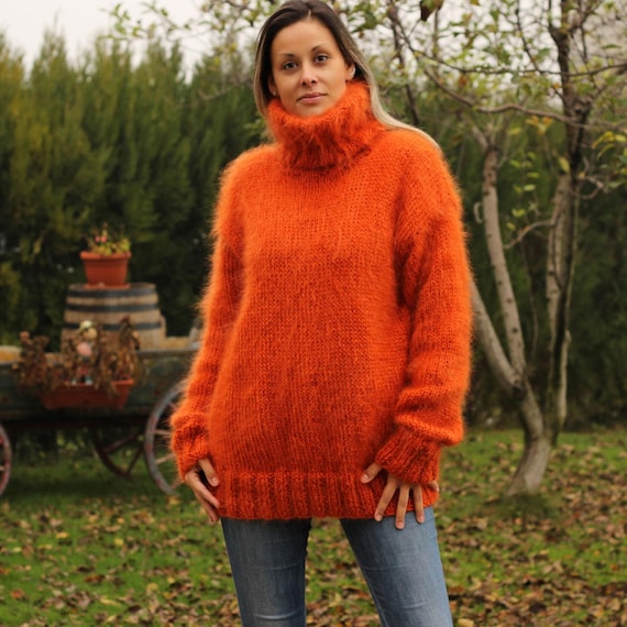Hand Knit Mohair Sweater Dark Orange Fuzzy Turtleneck Jumper - Main Image