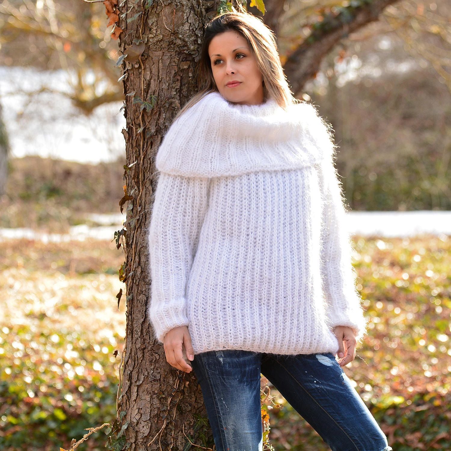 Hand Knitted Mohair Sweater White Cowl Neck Fuzzy Jumper Etsy