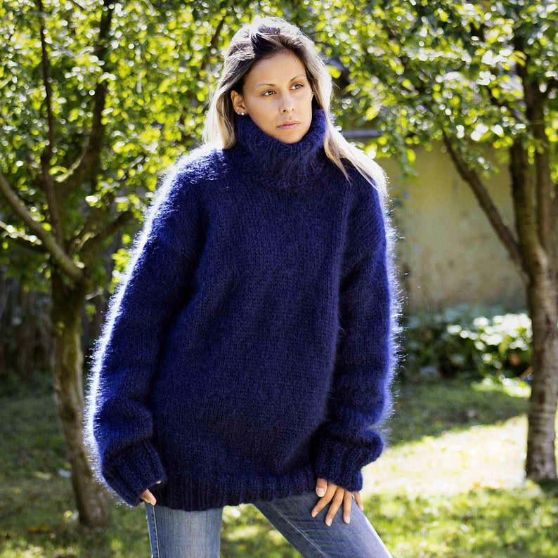 Hand Knitted Mohair Sweater Dark BLUE Fuzzy Turtleneck Jumper Pullover Jersey by Extravagantza MADE to ORDER image 2
