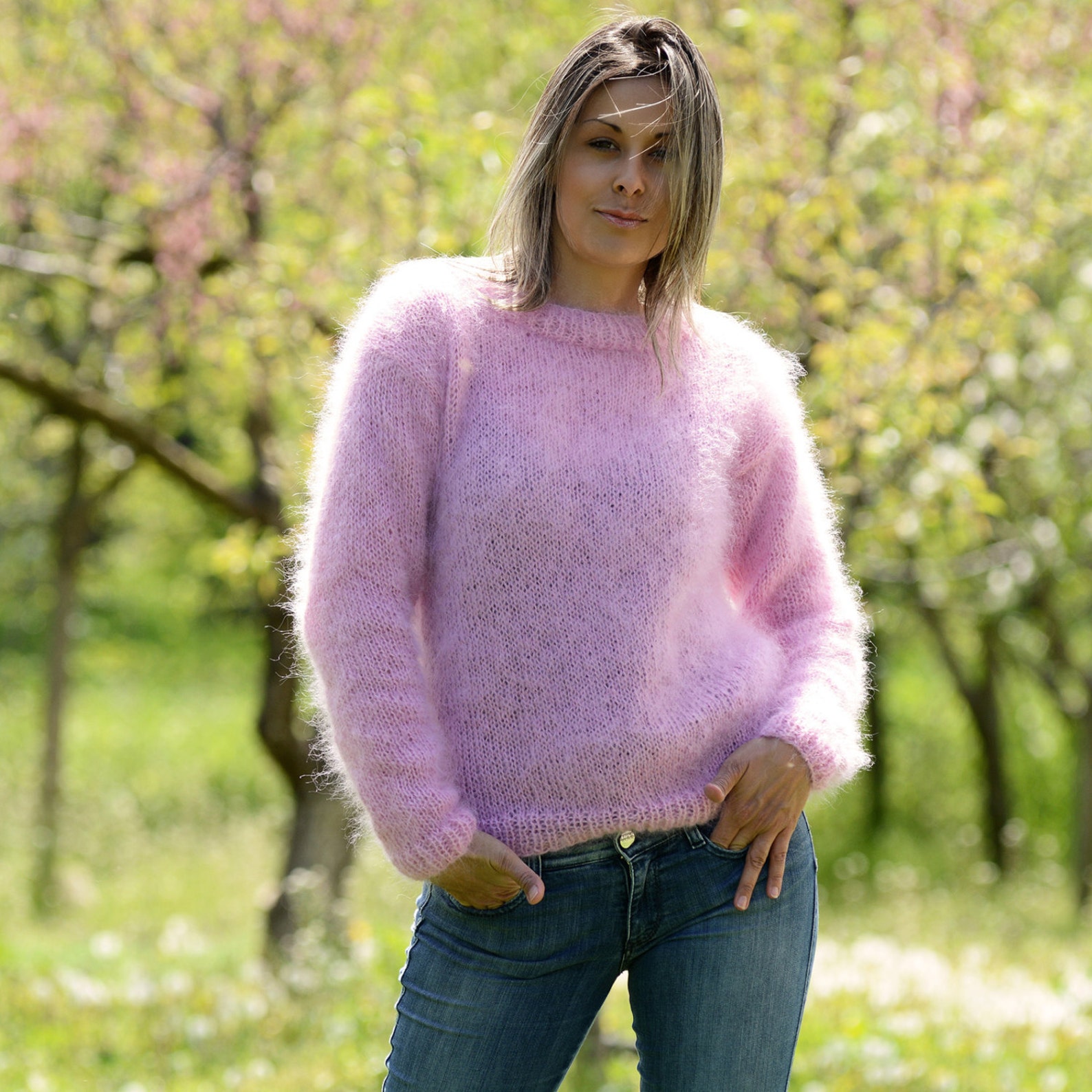 Hand Knitted Mohair Sweater Pink Color Fuzzy Crew Neck Jumper - Etsy