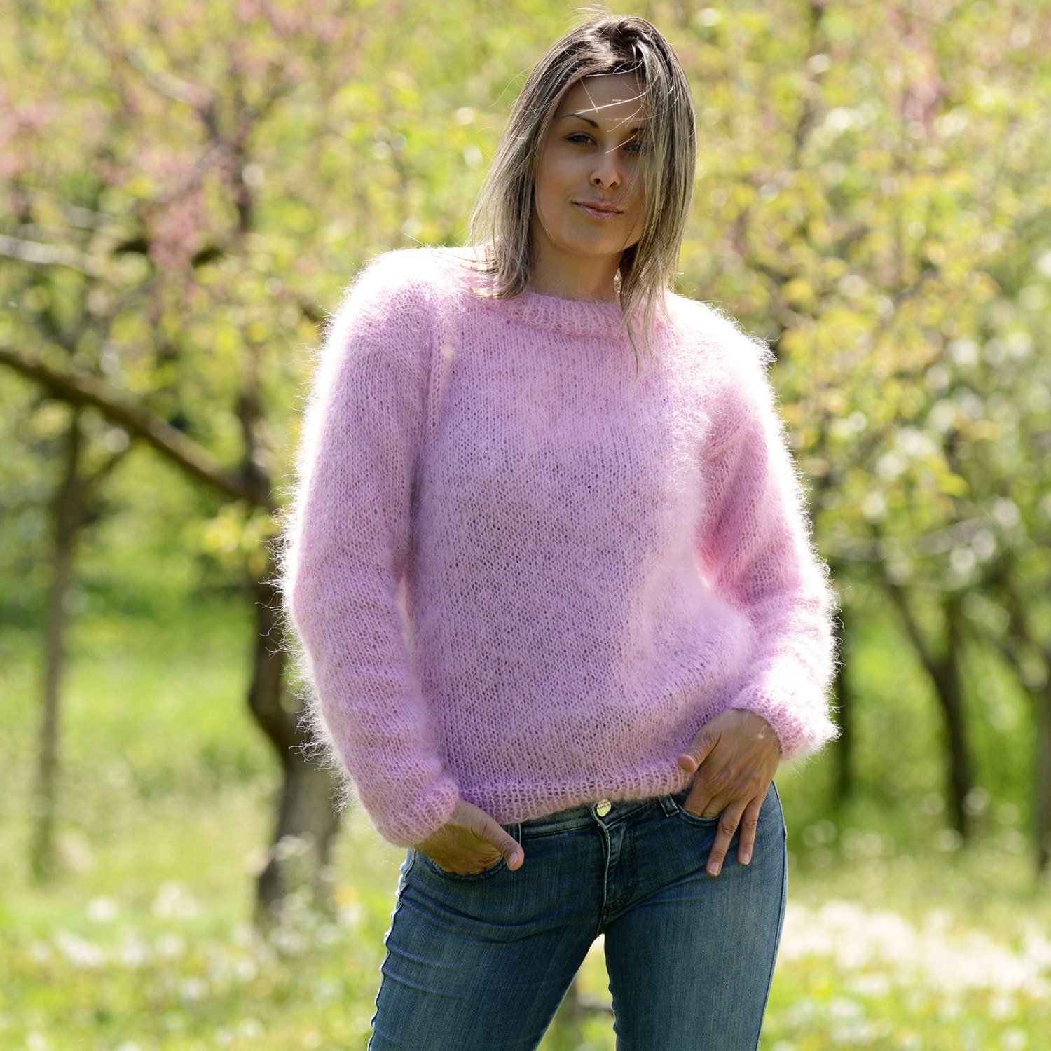 Hand Knitted Mohair Sweater Pink Color Fuzzy Crew Neck Jumper Pullover ...