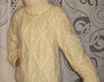 Hand Knitted Mohair Sweater Cable Turtleneck Pullover Fuzzy White or Choose your Own Color Jumper
