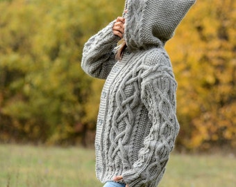 Hand Knitted Boutique Wool Coat Cardigan Light Gray Sweater Hooded Jacket by EXTRAVAGANTZA * MADE to ORDER *