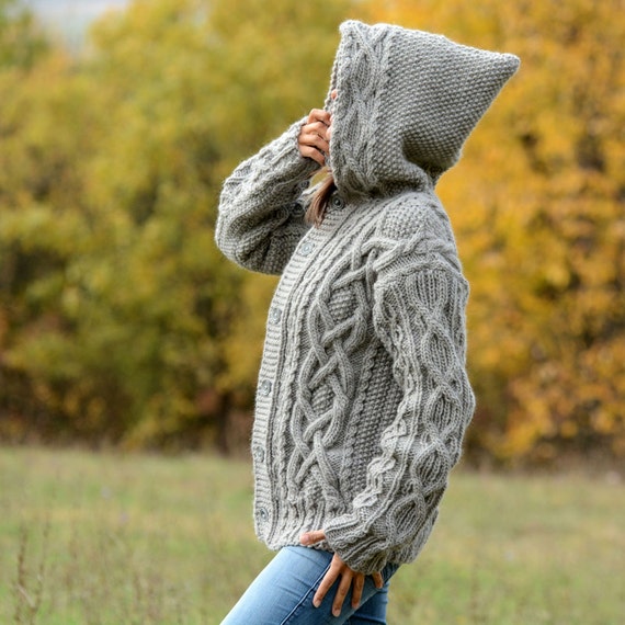Hand Knitted Boutique Wool Coat Cardigan Light Gray Sweater Hooded Jacket  by EXTRAVAGANTZA MADE to ORDER 