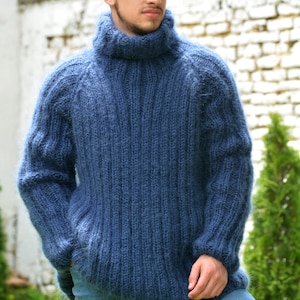 Hand Knitted Mohair Sweater, Ribbed Navy Blue Designer Turtleneck, Fuzzy Jumper, Blue Men Pullover by Extravagantza READY to SHIP image 4