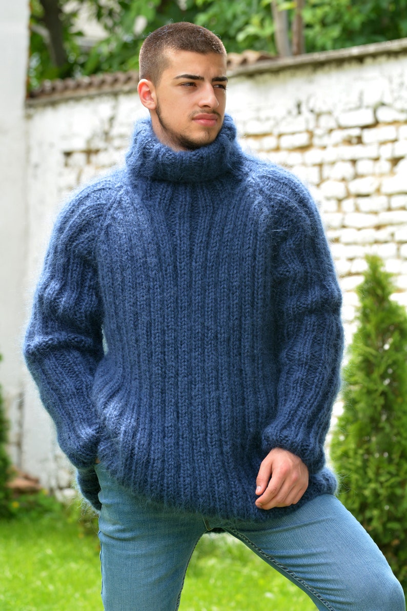 Hand Knitted Mohair Sweater, Ribbed Navy Blue Designer Turtleneck, Fuzzy Jumper, Blue Men Pullover by Extravagantza READY to SHIP image 4