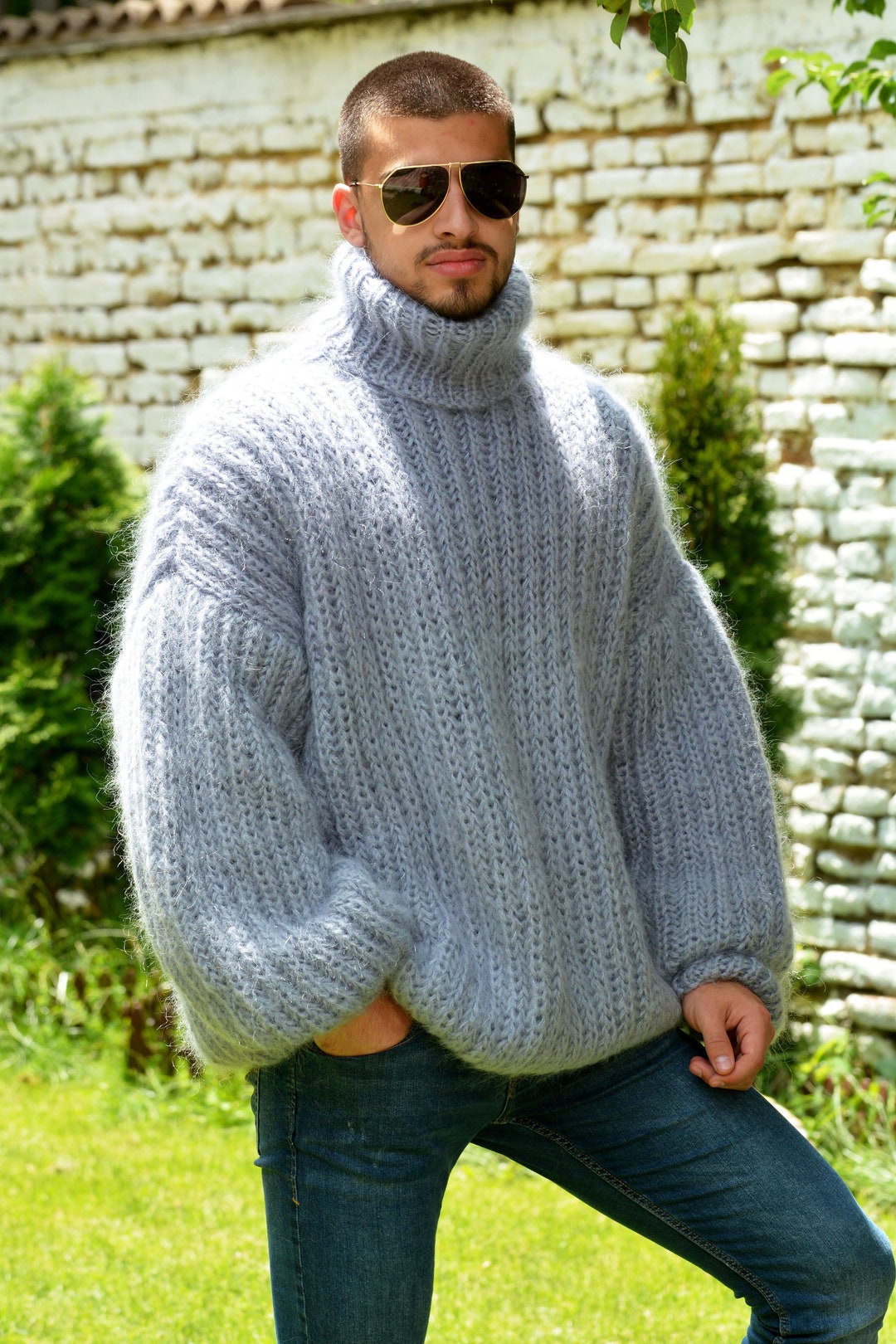 Hand Knitted Mohair Sweater Gray Ribbed Turtleneck Jumper - Etsy