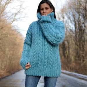 Hand Knit Mohair Sweater Cable Dull BLUE Fuzzy Turtleneck Jumper ...