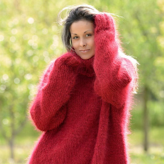 New Hand Knit Mohair Sweater RED Oversized Fuzzy Turtleneck Jumper