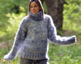 4 Strands Hand Knitted Mohair Sweater Blue White mix color Fuzzy Turtleneck Jumper Pullover Jersey by Extravagantza