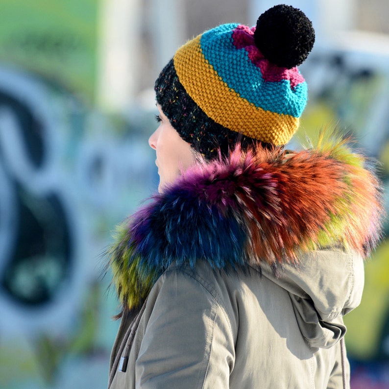 Hand Knitted Hat, Chunky Wool Yellow Black Pom Pom, Multicolor Designer Winter Soft Blue Hat, Warmer by EXTRAVAGANTZA image 2