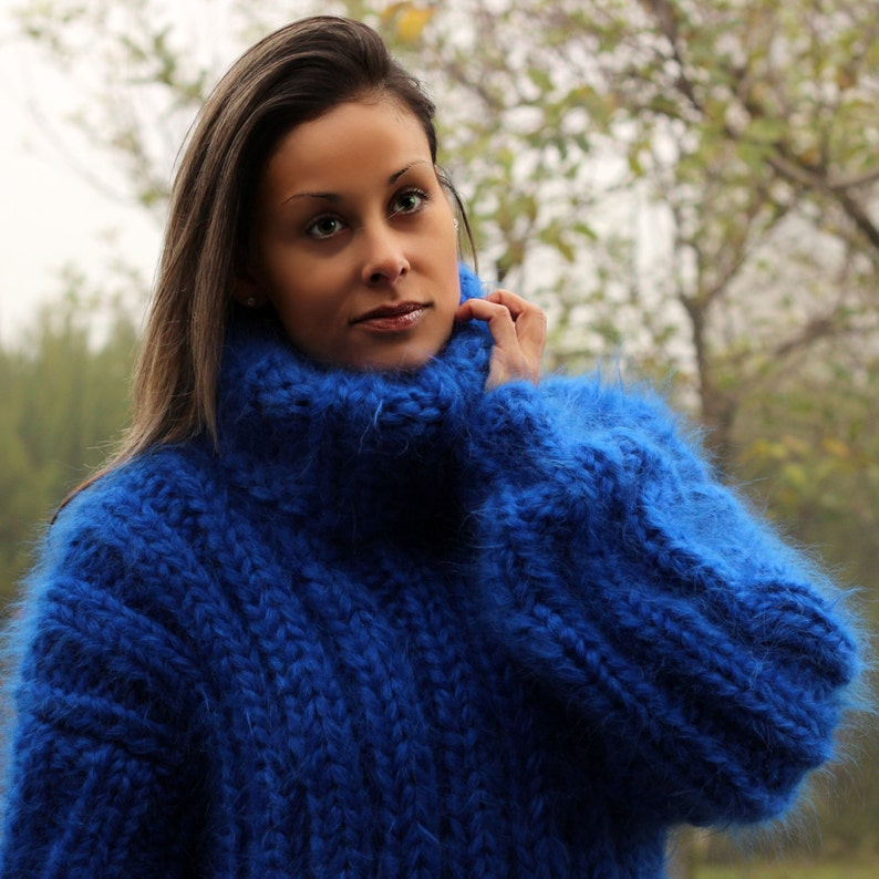 Hand Knit Mohair Sweater BLUE Ultra Thick 10 Strands Fuzzy - Etsy