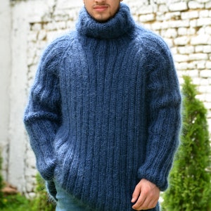 Hand Knitted Mohair Sweater, Ribbed Navy Blue Designer Turtleneck, Fuzzy Jumper, Blue Men Pullover by Extravagantza READY to SHIP image 5