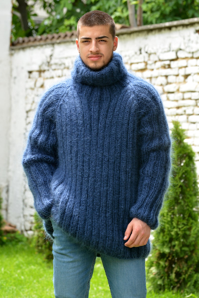 Hand Knitted Mohair Sweater, Ribbed Navy Blue Designer Turtleneck, Fuzzy Jumper, Blue Men Pullover by Extravagantza READY to SHIP image 5